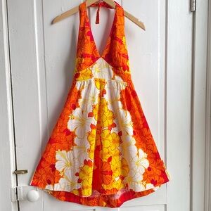 Vintage 60s/70s Hukilau Fashions Hawaiian 100%Cotton Barkcloth Halter Mini Dress